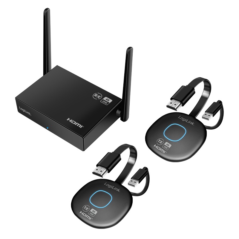 LogiLink HDMI BYOD video conferencing set featuring a black wireless transmitter with antennas, two black USB receivers, and a blue LED indicator.
