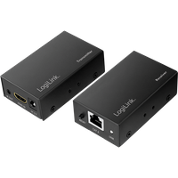 Black LogiLink HDMI extender set with LAN ports, 60m range, 1080p/60Hz, POC, IR, compact rectangular design.