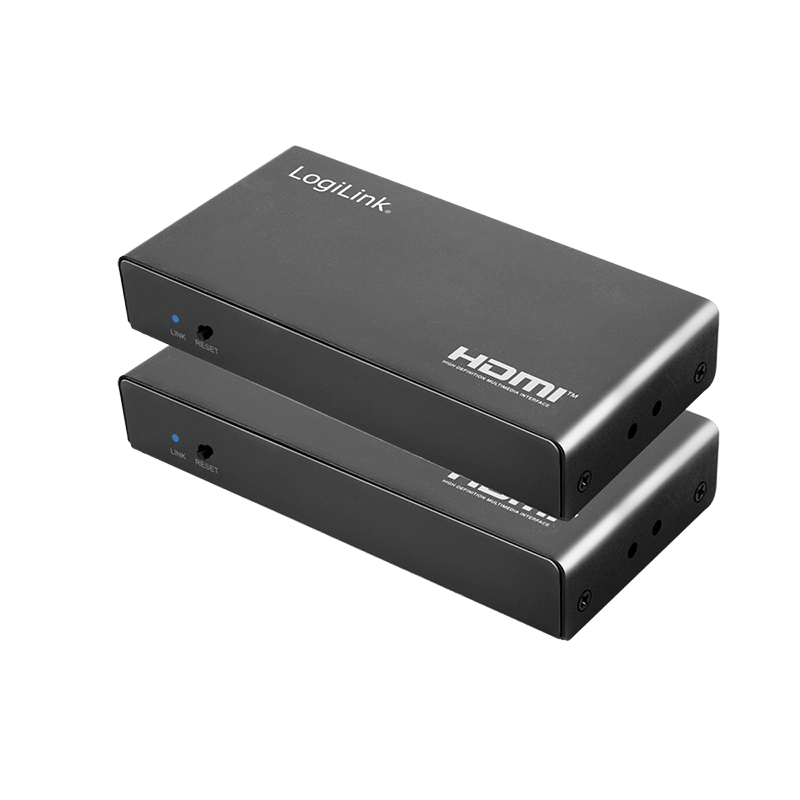 Black LogiLink HDMI Extender Set Over LAN, featuring two compact units with USB ports, supporting 1080p/60Hz resolution and HDCP, designed for KVM applications up to 50m.