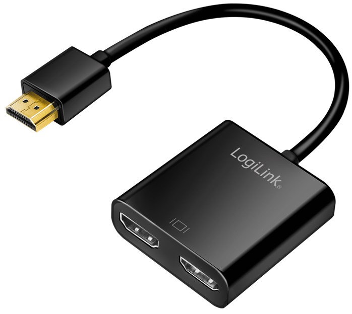 Black LogiLink HDMI splitter with a single HDMI male connector and two HDMI female ports, supporting 4K/60 Hz, EDID, HDCP, HDR, CEC, and IR features.