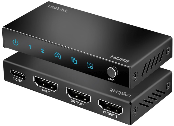 LogiLink HDMI splitter in sleek black metal, featuring 1x2 ports, 4K/60Hz support, LED indicators, and multiple HDMI outputs for enhanced connectivity.