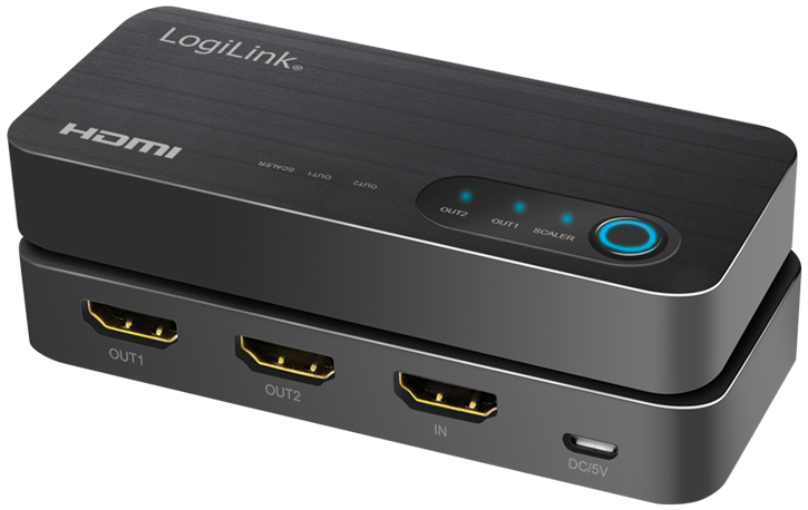 LogiLink HDMI splitter in black and silver, featuring two HDMI output ports, one input port, a power input, and a blue LED indicator for 4K/60 Hz support and downscaling.