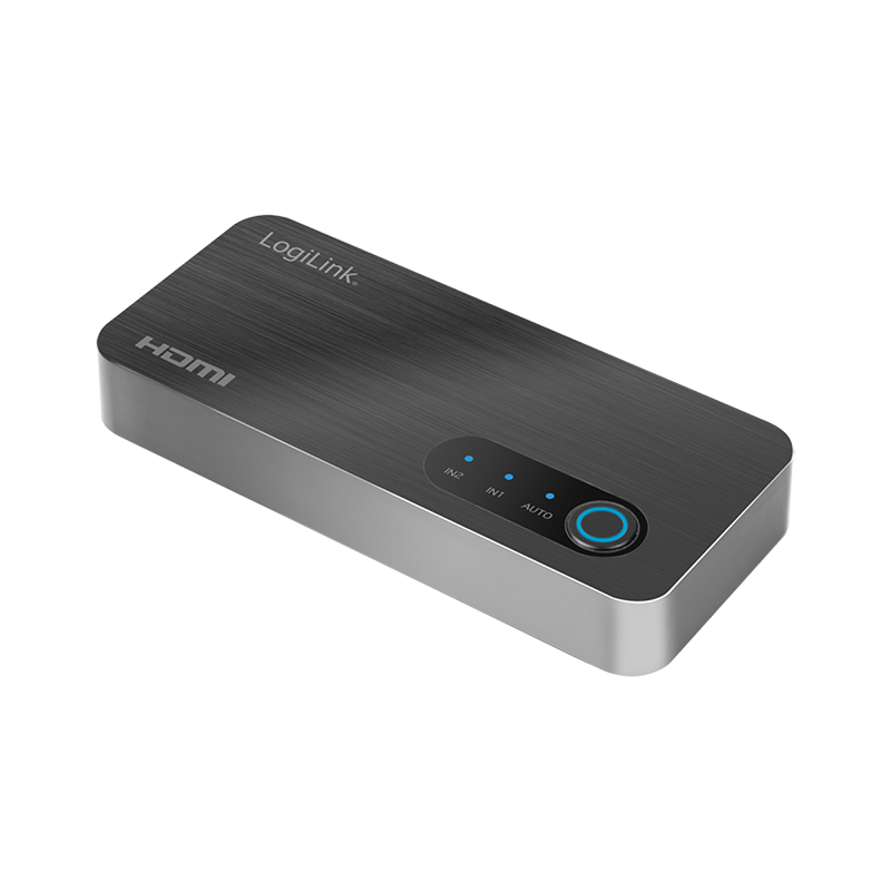 LogiLink HDMI switch with a sleek metallic finish, featuring a blue illuminated button, ports labeled for input and output, supporting 8K/60 Hz resolution and HDR technology.