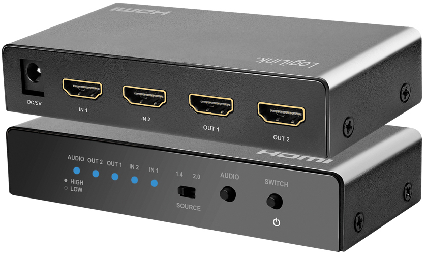 LogiLink HDMI switch in black metal casing with two rows of HDMI ports, labeled IN and OUT, featuring LED indicators and a switch button for audio output settings.