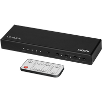 Black LogiLink HDMI switch with 4x1 ports, 4K/60 Hz, HDCP, HDR, ARC features, includes a gray remote control.
