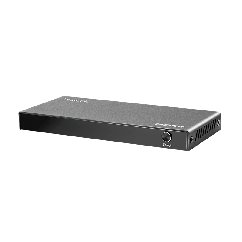 LogiLink HDMI switch with a sleek black design, featuring four input ports, a single output port, and a select button, supporting 4K/60 Hz resolution and HDR.
