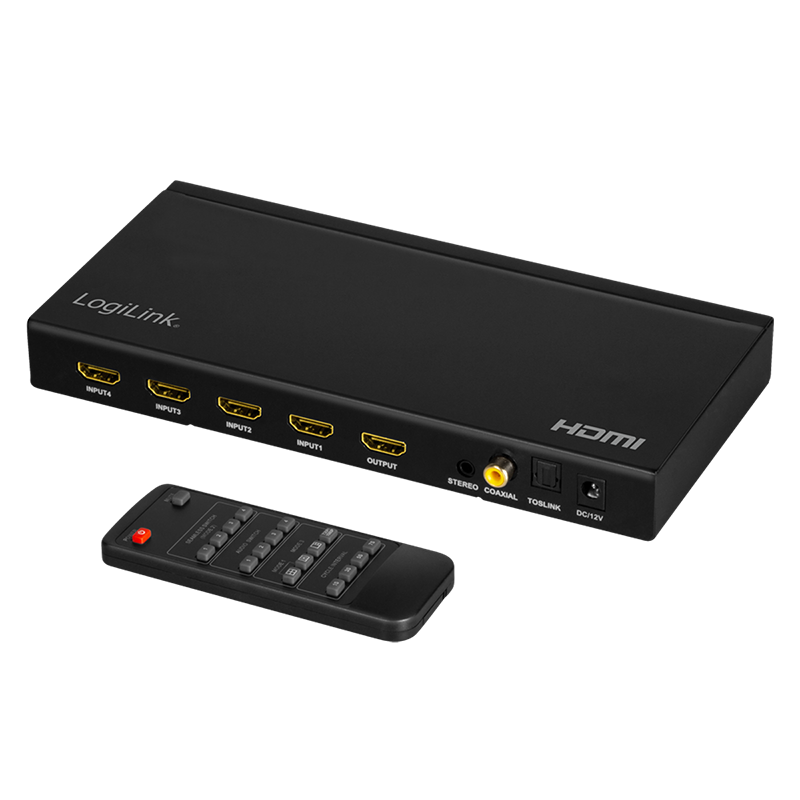 LogiLink HDMI Switch featuring a sleek black design with four HDMI input ports, one output port, and a remote control for easy switching between devices.