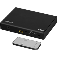 Black LogiLink HDMI video wall processor, 2x2-Port, 4K/60 Hz, HDR, with remote control, compact rectangular design.