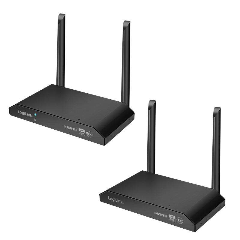 LogiLink HDW0103 AV extender set in black, featuring two compact units with antennas, HDMI ports, and indicator lights for seamless audio and video transmission.