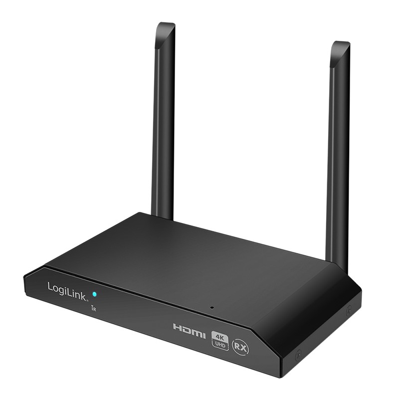LogiLink HDW0103AR AV Extender in black with two antennas, featuring an HDMI port and a blue LED indicator, designed for 4K UHD video transmission.