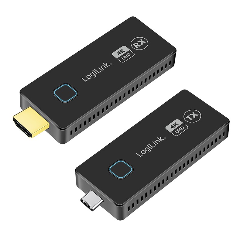 Black LogiLink HDW0104 AV Extender set featuring a transmitter with a USB-C port and a receiver with an HDMI port, both designed for 4K UHD video transmission.