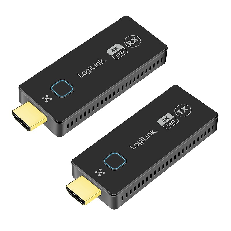 Black LogiLink HDW0111 AV Extender set includes a transmitter and receiver, both featuring HDMI ports and a sleek design with ventilation holes, supporting 4K UHD resolution.