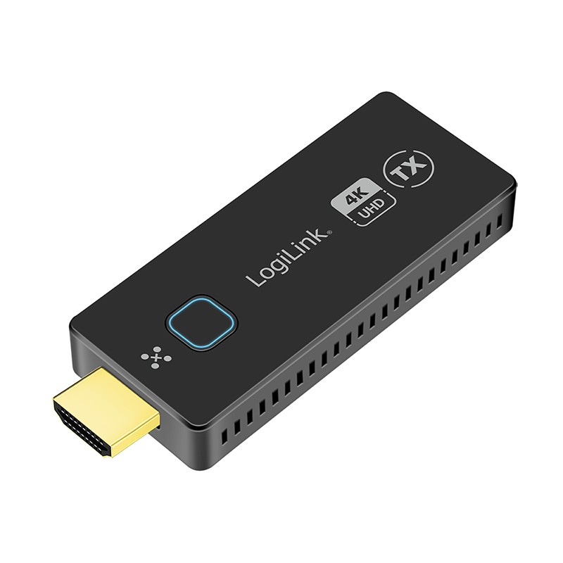 Black LogiLink HDW0111AT AV Extender with a gold HDMI connector, featuring a blue LED indicator and ventilation slots, designed for 4K UHD transmission.