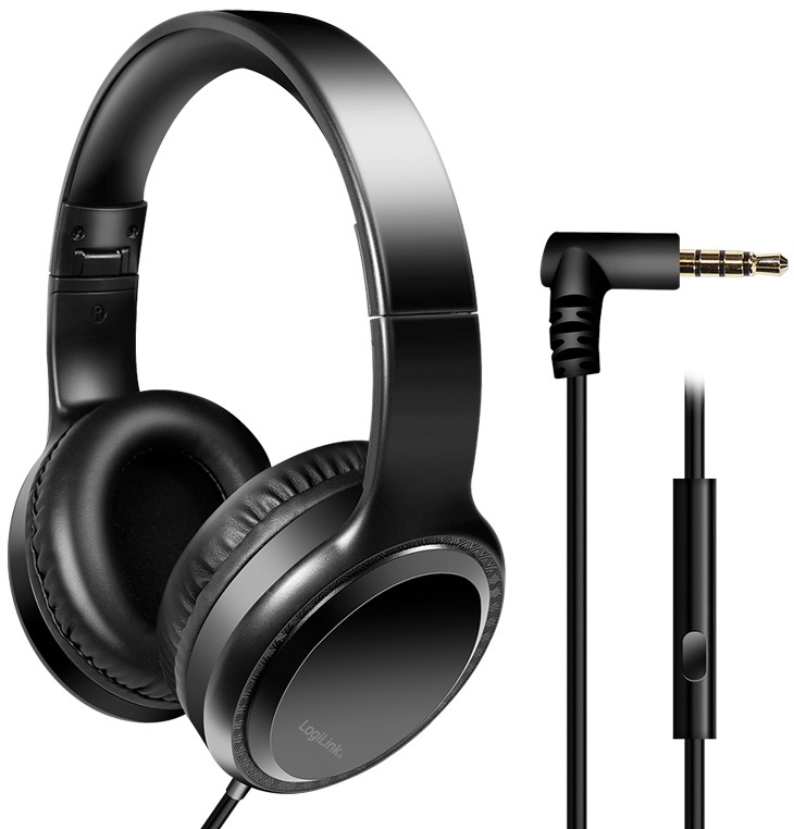Black over-ear stereo headset with cushioned ear pads, adjustable headband, and a 3.5mm audio jack.