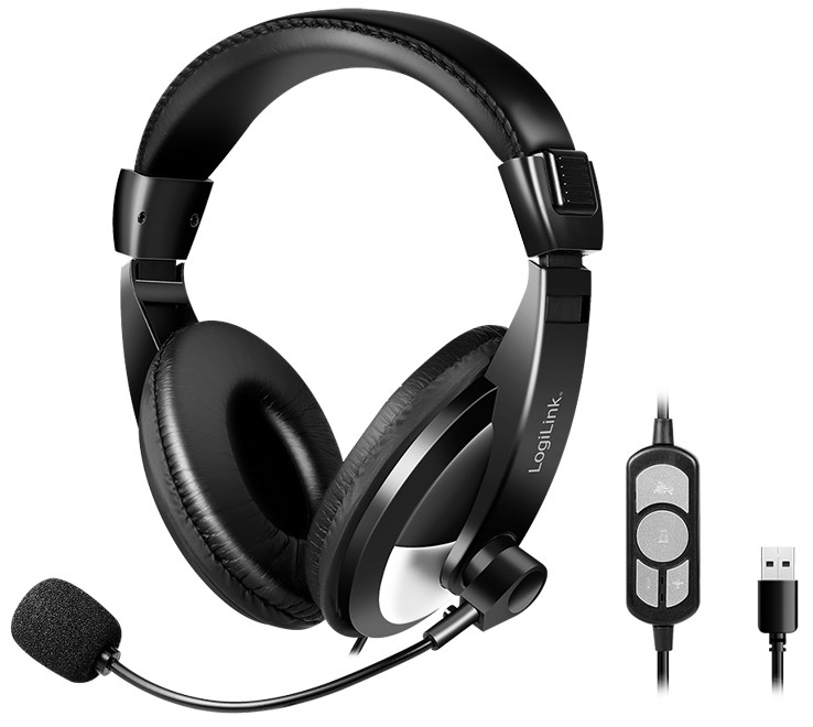 Black LogiLink stereo headset with a padded headband, large ear cups, and a flexible microphone, featuring a USB connection and in-line volume control.