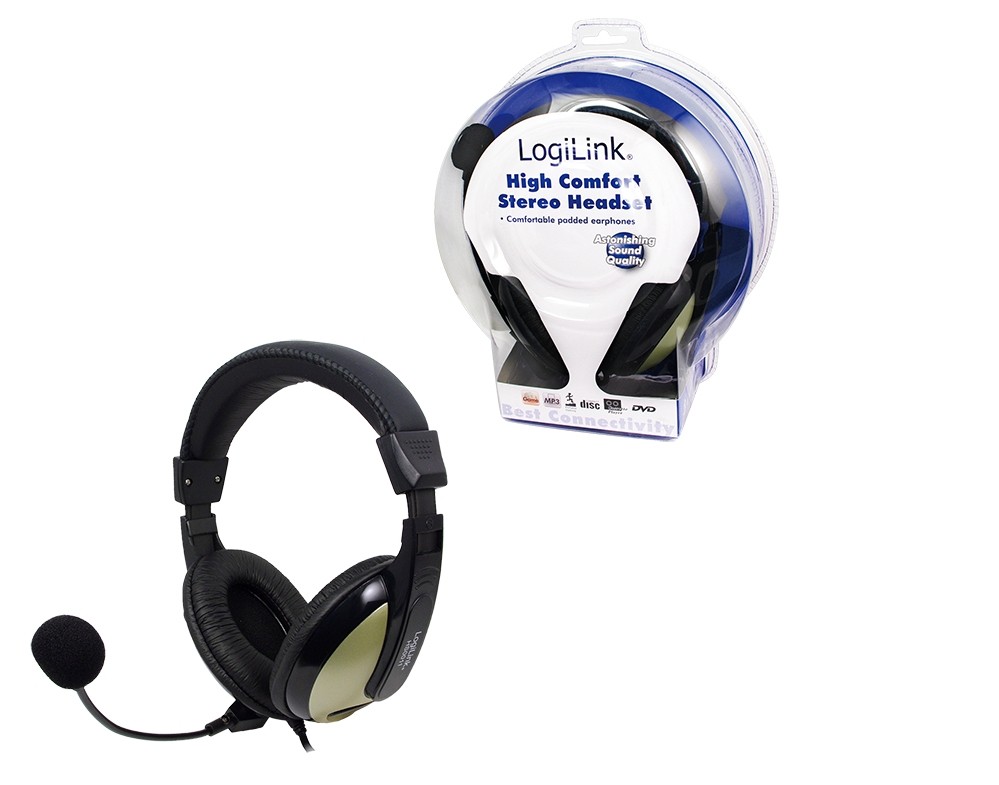 Wired LogiLink HS0011A headphones in black with a padded headband, adjustable microphone, and glossy ear cups, packaged in a clear plastic casing.