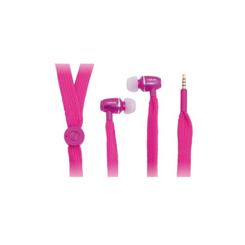 Wired in-ear headphones in vibrant pink, featuring a braided cable, built-in microphone, and a 3.5mm audio jack, designed for calls and music.