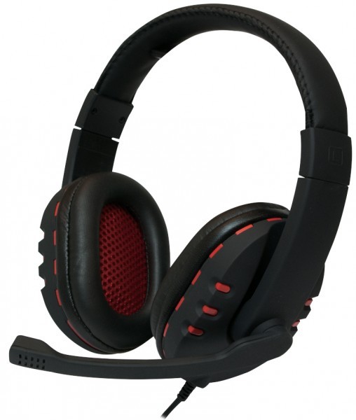 Wired LogiLink HS0033 headphones in black with red accents, featuring cushioned ear cups, a flexible microphone, and a sturdy headband for comfort during calls and music.