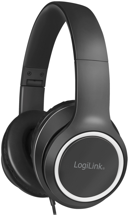 Black LogiLink HS0053 wired headphones feature a sleek headband design, cushioned ear pads, and a glossy finish with a silver accent around the ear cups.
