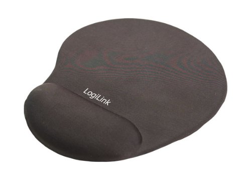 Black LogiLink® ID0027 mousepad featuring a smooth surface and a gel wrist rest for ergonomic support, designed for comfortable extended use.