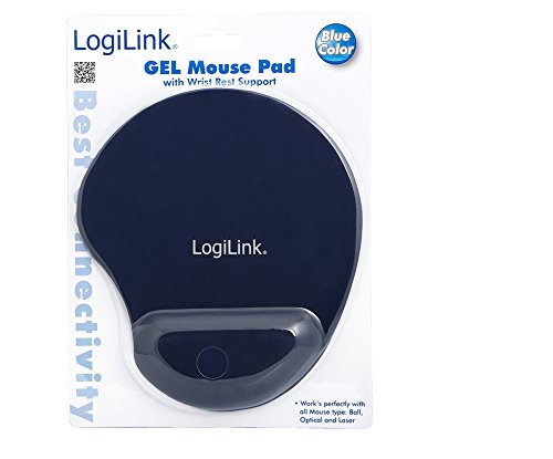 Blue gel mouse pad with wrist rest support, featuring a smooth surface and a rounded shape, branded with "LogiLink" in white text.