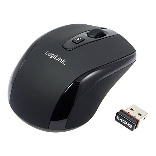 Black wireless optical mouse with a smooth finish, featuring a scroll wheel and a DPI switch, accompanied by a small USB receiver.
