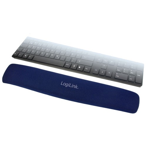 Black keyboard with a sleek design and a blue, soft wrist rest labeled "LogiLink" underneath, featuring a minimalist layout and low-profile keys.