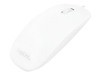 White optical USB mouse with a smooth finish, featuring a scroll wheel and the LogiLink logo on the side, designed for 1000 DPI sensitivity.