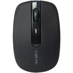 Black Bluetooth optical mouse with four buttons, featuring a DPI switch and a sleek, smooth surface, branded with the LogiLink logo.