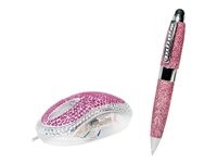 Pink optical USB mouse with a sparkling rhinestone finish and a sleek silver base, accompanied by a matching pink glitter pen.