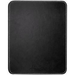 Black leather mouse pad with a smooth surface and stitched edges, designed for comfortable computer use, featuring the LogiLink logo at the bottom.