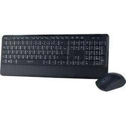 Black wireless QWERTZ keyboard with a sleek design and a matching wireless mouse, featuring a compact layout and low-profile keys for comfortable typing.
