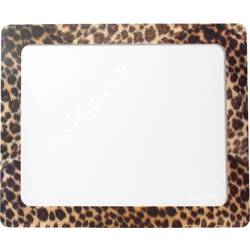 Black mouse pad with a transparent center and a yellow leopard print border, made of durable material for smooth mouse movement.