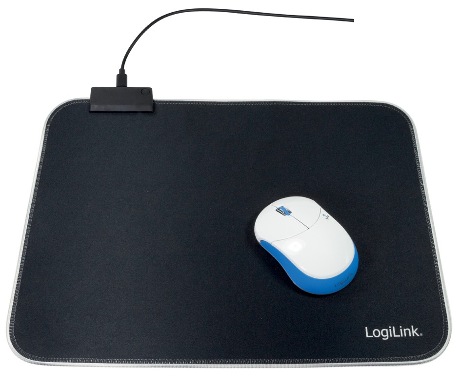 Black gaming mouse pad with a smooth surface, featuring a stitched edge, accompanied by a white and blue LogiLink mouse connected by a cable.