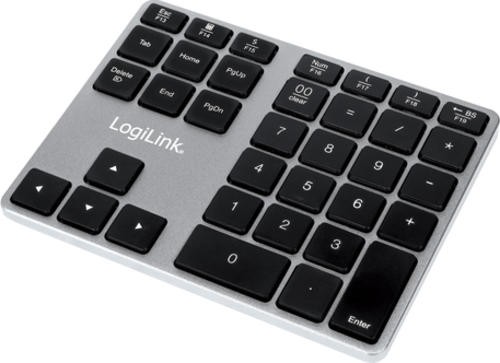 Black numeric keypad with aluminum finish, featuring a layout of 18 keys including numbers, function keys, and an enter key, designed for universal Bluetooth connectivity.