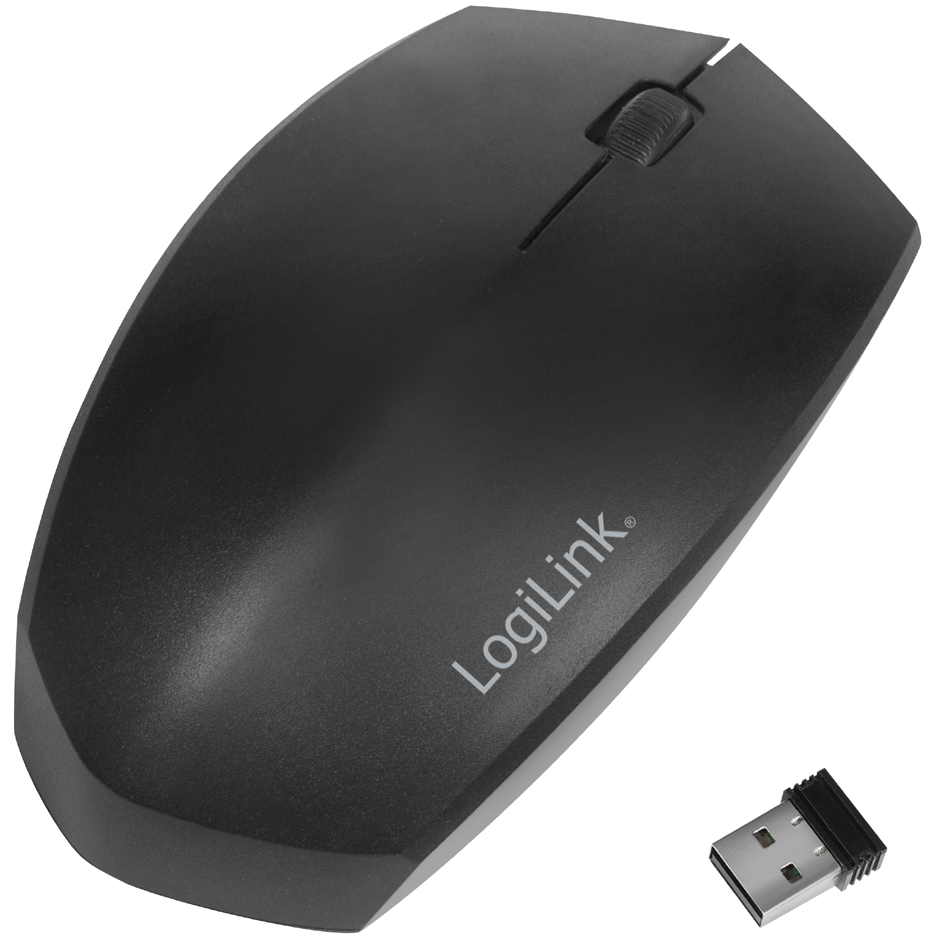 Black LogiLink ID0191 Bluetooth optical mouse with a sleek design, featuring a scroll wheel and a USB receiver for connectivity, offering 1200 DPI sensitivity.