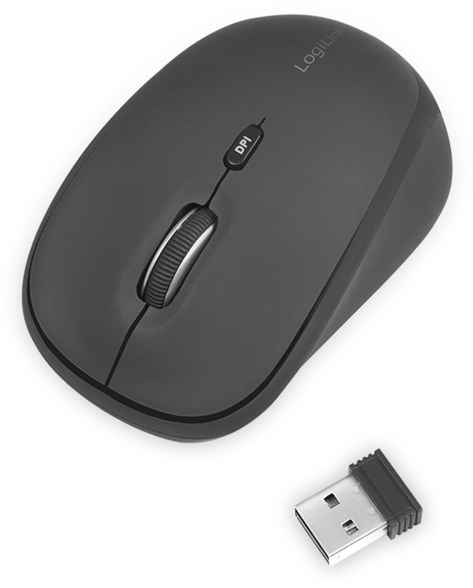 Black wireless optical mouse with a smooth finish, featuring a DPI switch and scroll wheel, accompanied by a USB receiver for connectivity.