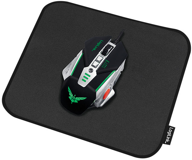 Black LogiLink gaming mouse pad featuring a smooth surface, stitched edges, and a sleek design, with a gaming mouse positioned on top.