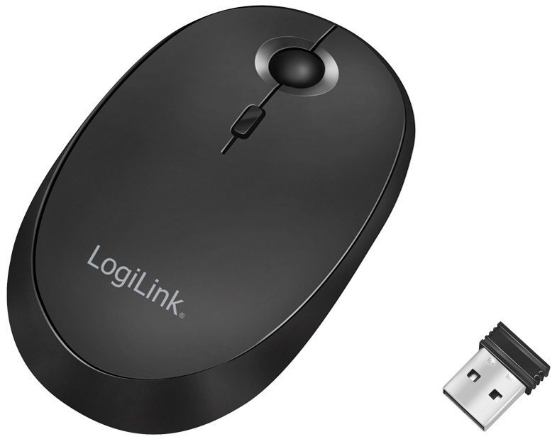 Black LogiLink ID0204 Bluetooth optical mouse with a sleek design, featuring a scroll wheel and a USB receiver for wireless connectivity.