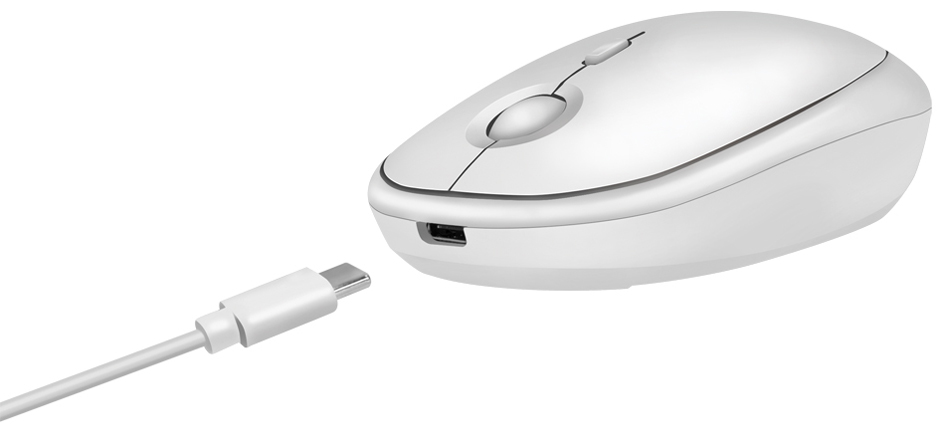 White ambidextrous wireless mouse with a sleek design, featuring a USB-C charging port, a central scroll wheel, and a smooth surface for comfortable use.