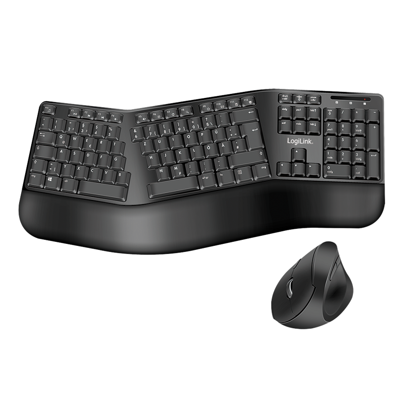 Wireless QWERTZ keyboard in black with an ergonomic design, featuring a curved layout and a matching black wireless mouse.