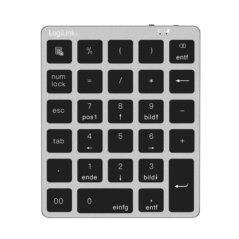 Grey Bluetooth numeric keypad with black keys, featuring symbols for functions like num lock, escape, and navigation, designed for laptops and PCs.