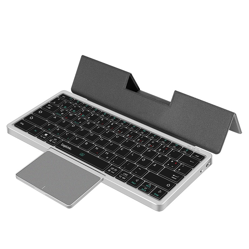 Bluetooth QWERTZ keyboard in grey with a sleek, slim design, featuring a touchpad, black keys with white lettering, and a foldable stand for home or office use.