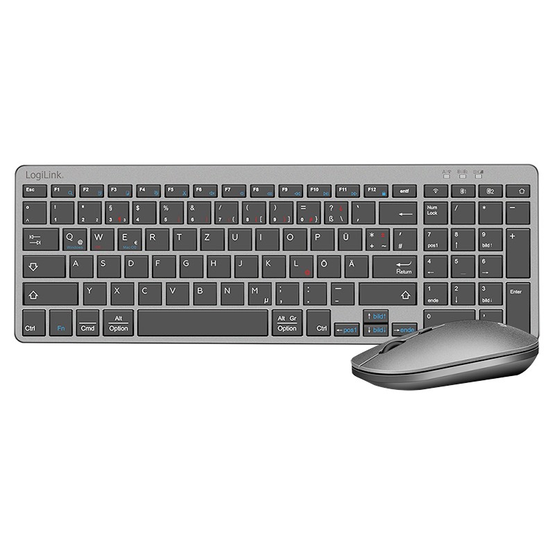Wireless LogiLink ID0215 Bluetooth keyboard and mouse set in sleek silver, featuring a QWERTZ layout with black keys and red accents, ideal for home or office use.