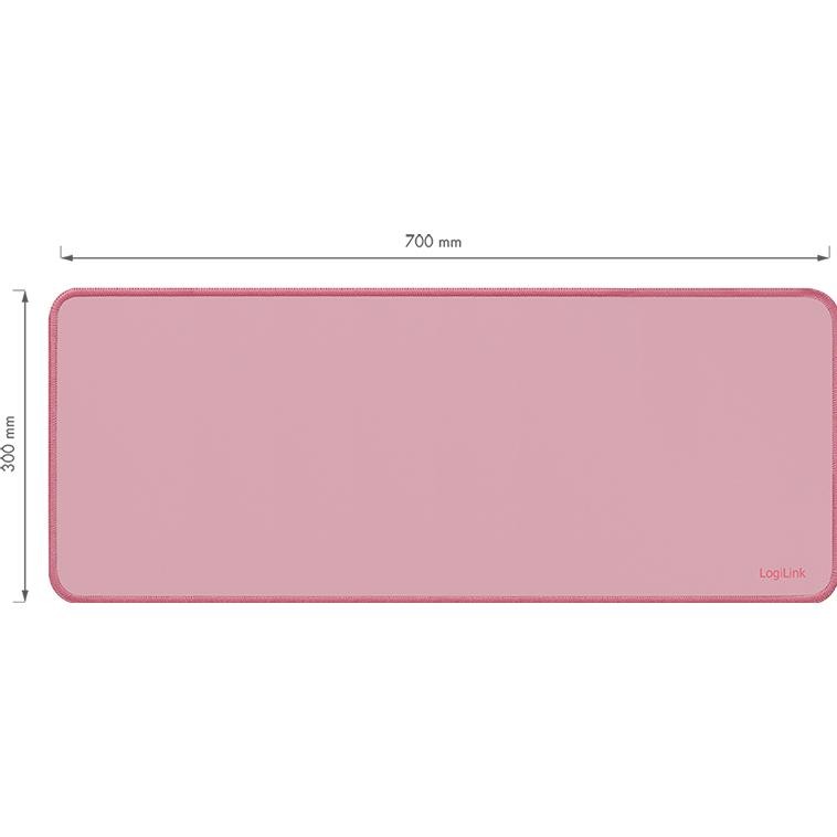 Pink LogiLink ID0221 gaming mouse pad with a smooth surface, stitched edges, and dimensions of 700 mm by 300 mm, designed for enhanced gaming performance.