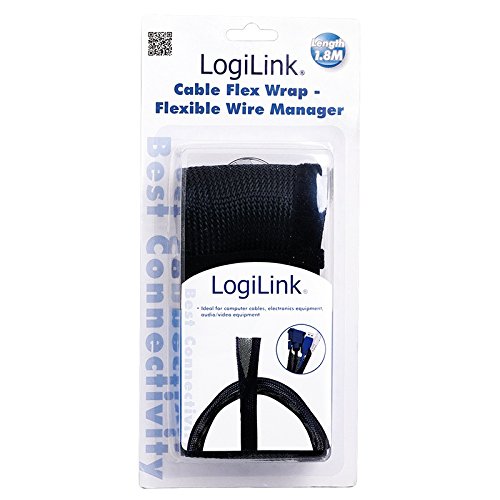 Black flexible cable sleeve by LogiLink, 1.8 meters in length, designed for organizing and managing wires, featuring a secure wrap design for easy use.