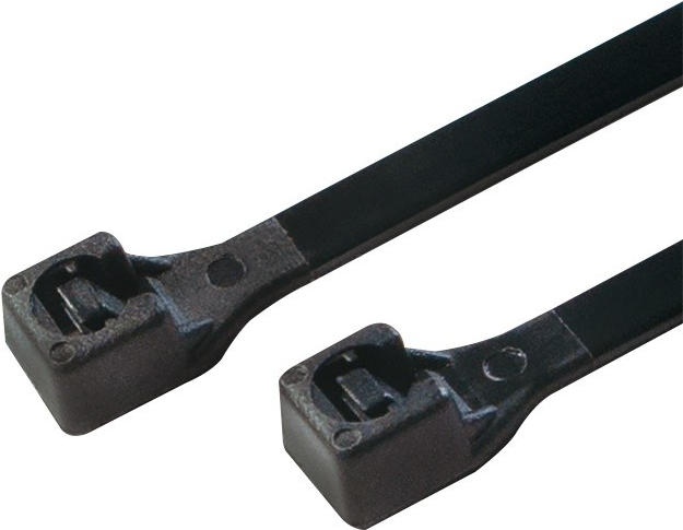 Black nylon cable ties with a ladder design, featuring a sturdy locking mechanism, packaged in a set of 100 pieces by LogiLink.