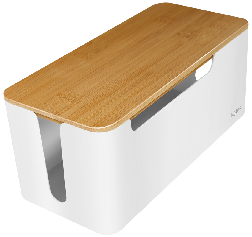 LogiLink KAB0075 cable box with a sleek white body and a natural bamboo lid, featuring a cut-out handle for easy access and organization of cables.
