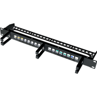 Black LogiLink Keystone Panel 1U, 16 shielded ports, with three cable management arms.