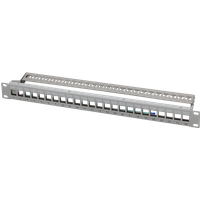 Grey LogiLink Keystone Panel 1U, 24 shielded ports, label field, rectangular metal frame.